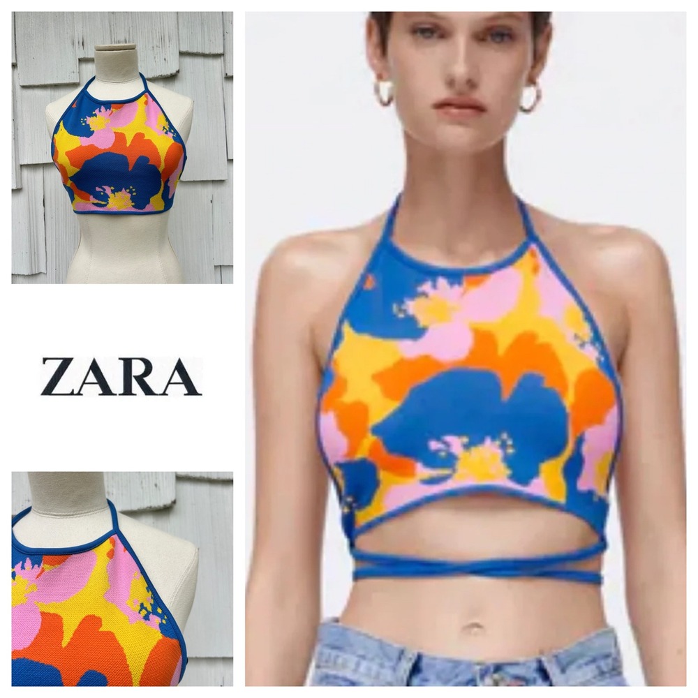 Zara Womens Floral Knit Halter Crop Top Blue Orange Yellow Pink Small‎ 5802/143